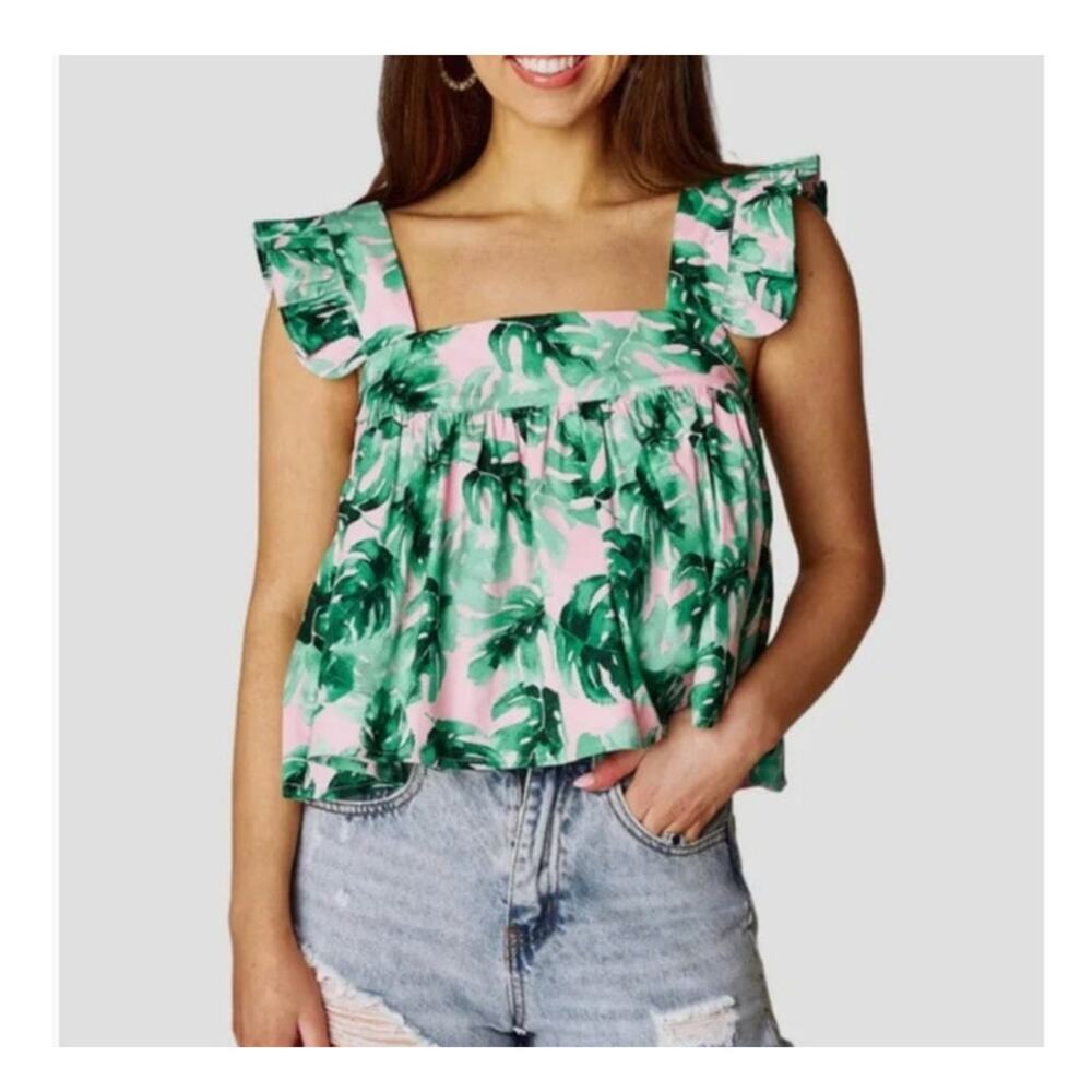 Buddy Love Kyle Ruffle Swing Palm Pretty Print Tank Top Size Medium Pink & Green